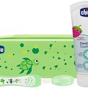 Chicco - Set dental Cepillo de dientes + Pasta Fresa con flúor 12+ m + Neceser Semi rígido