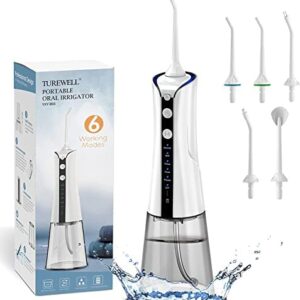 TUREWELL Irrigador dental eléctrico, limpiador interdental con 6 modos y 5 boquillas,