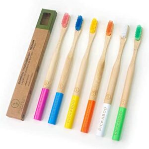 Cepillos de dientes de bambú PICKABOO, set de 6 cepillos biodegradables, cerdas de dureza