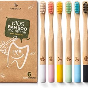 Greenzla Cepillos de dientes de bambú para niños (Kit de 6) | Cepillos de dientes de