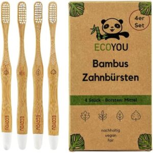EcoYou Juego de 4 cepillos de dientes de bambú medianos – Cepillo de dientes de madera