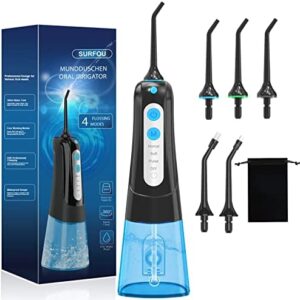 SURFOU Irrigador Dental, Irrigador portatil con 5 Boquillas 4 Modos 300ML, IPX7