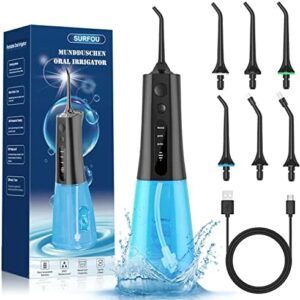 SURFOU Irrigador Dental, Irrigador portatil con 6 Boquillas 3 Modos 400ML, IPX7