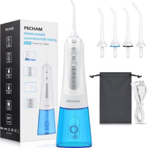 PECHAM Irrigadores Bucales, Irrigador Dental Inalámbrico Portátil con 4 Boquillas 4 Modos