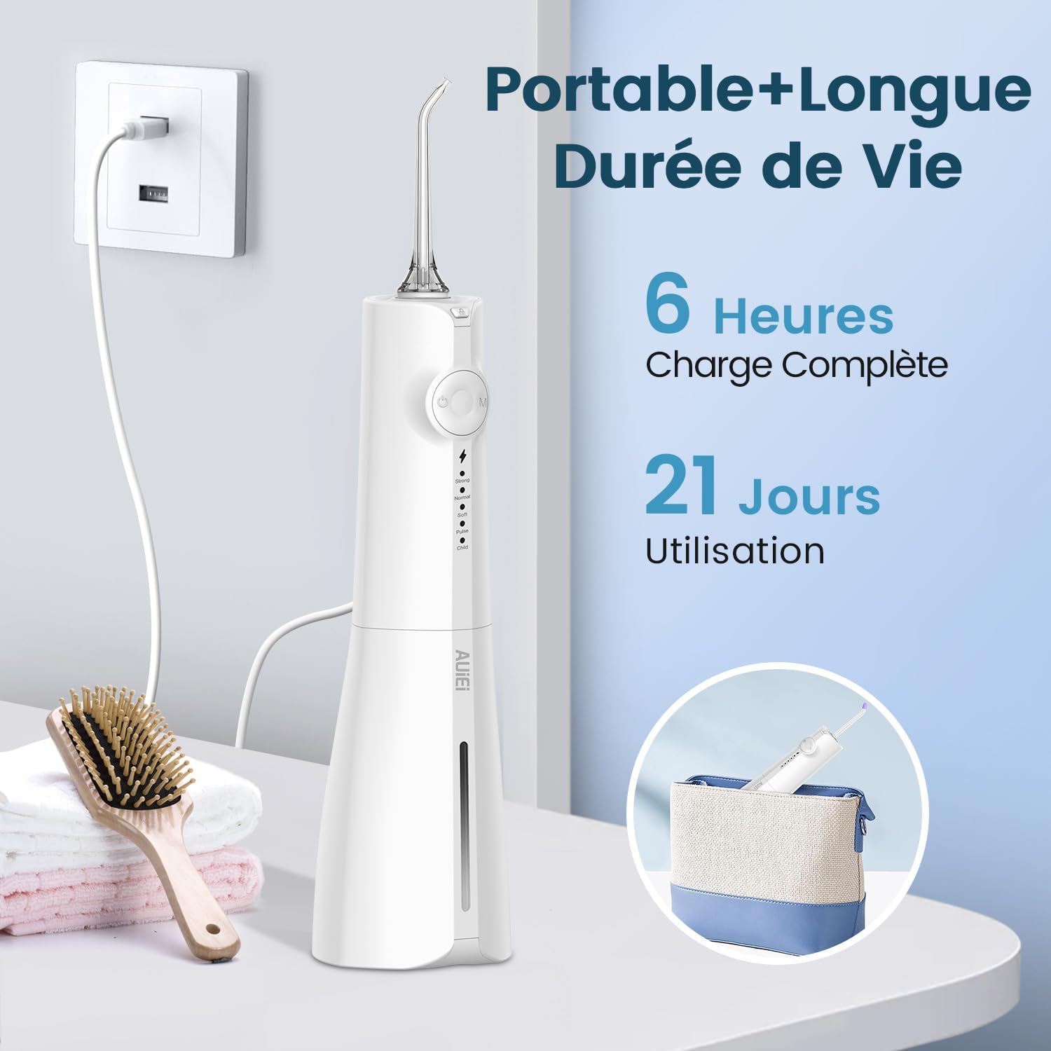 AUIEI Jet Dental Hydropulsor Portable Water Flosser, irrigador oral 5 modos y 8 boquillas, - Imagen 5