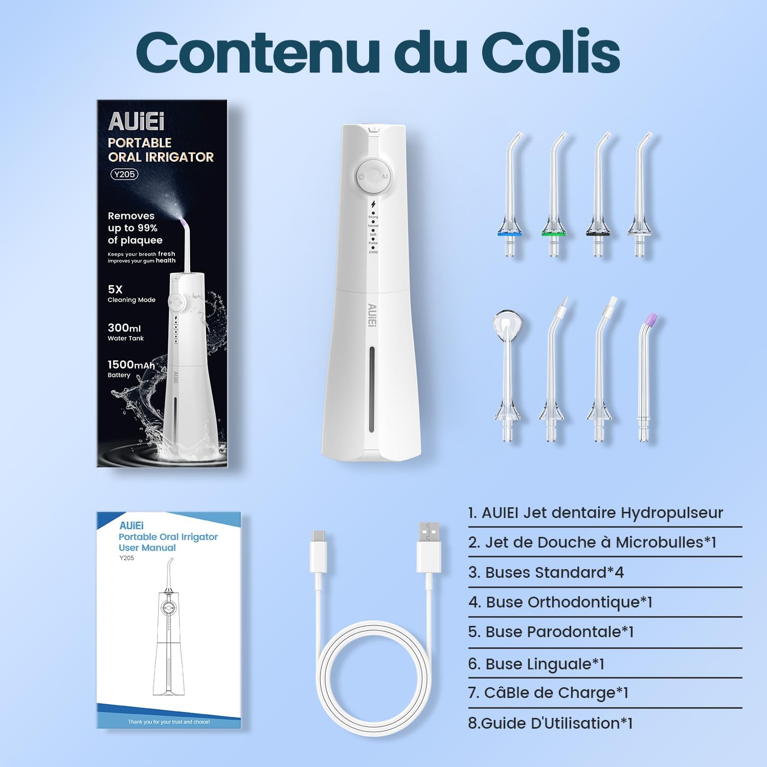 AUIEI Jet Dental Hydropulsor Portable Water Flosser, irrigador oral 5 modos y 8 boquillas, - Imagen 9