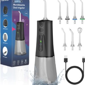 SURFOU Irrigador Dental, Irrigador Bucal Portatil con 7 Boquillas 5 Modos 230ML, IPX7