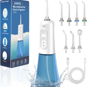 SURFOU Irrigador Dental, Irrigador Bucal Portatil con 7 Boquillas 6 Presión de Agua 300ML