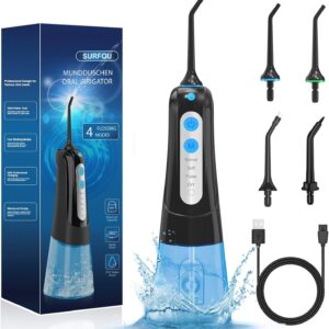 SURFOU Irrigador Dental, Irrigador Bucal Portatil con 4 Boquillas 4 Modos 300ML, IPX7