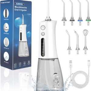 SURFOU Irrigador Dental, Irrigador Bucal Portatil con 7 Boquillas 5 Modos 300ML, IPX7