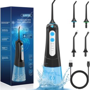 SURFOU Irrigador Dental, Irrigador Bucal Portatil con 4 Boquillas 4 Modos 300ML, IPX7