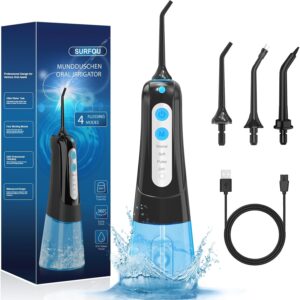 SURFOU Irrigador Dental, Irrigador Bucal Portatil con 3 Boquillas 4 Modos 300ML, IPX7