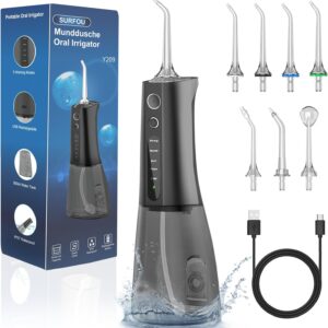 SURFOU Irrigador Dental a Batería, Irrigador Bucal Portatil con 7 Boquillas 5 Modos 300ML,