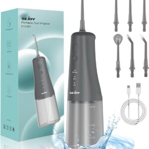 Sejoy Irrigador bucal inalámbrico, 4 modos de limpieza, 6 puntas de chorro, irrigador