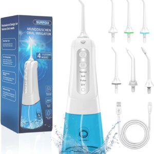 SURFOU Irrigador Dental, Irrigador Bucal Portatil con 6 Boquillas 4 Modos 300ML, IPX7