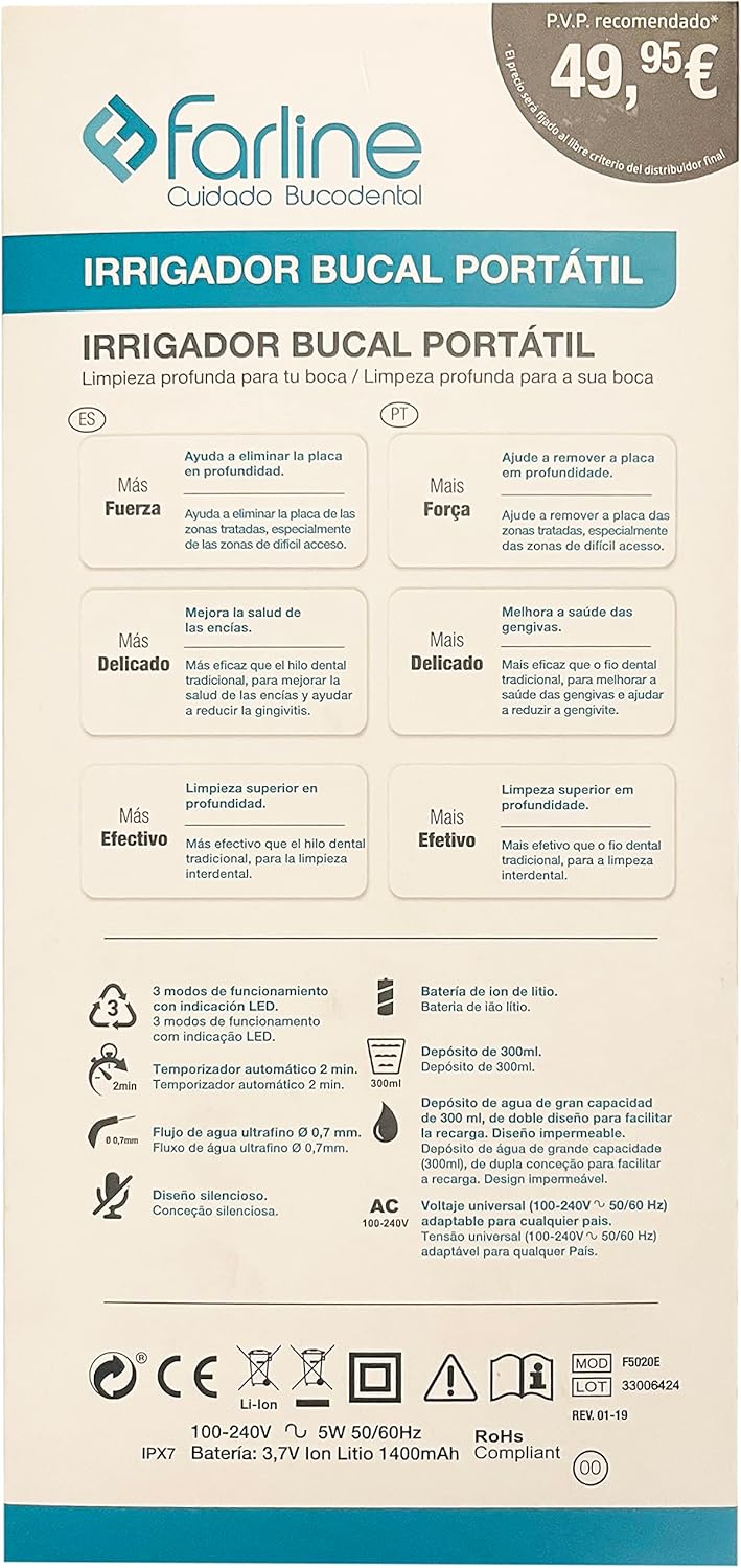 Farline Irrigador Bucal Portátil Dental Inalámbrico inteligente Recargable con un Tanque - Imagen 3