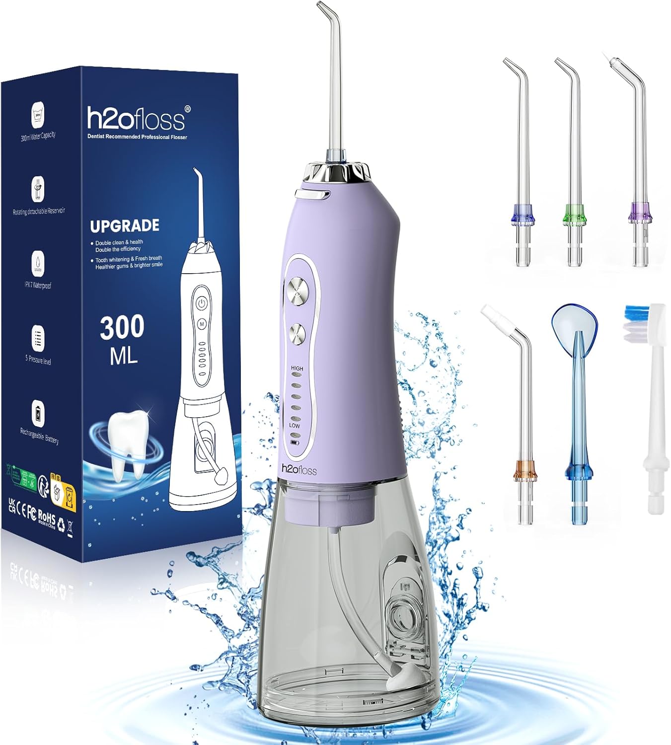 H2ofloss - Dental Water Pick, 300ml Cordless Portable Oral I...